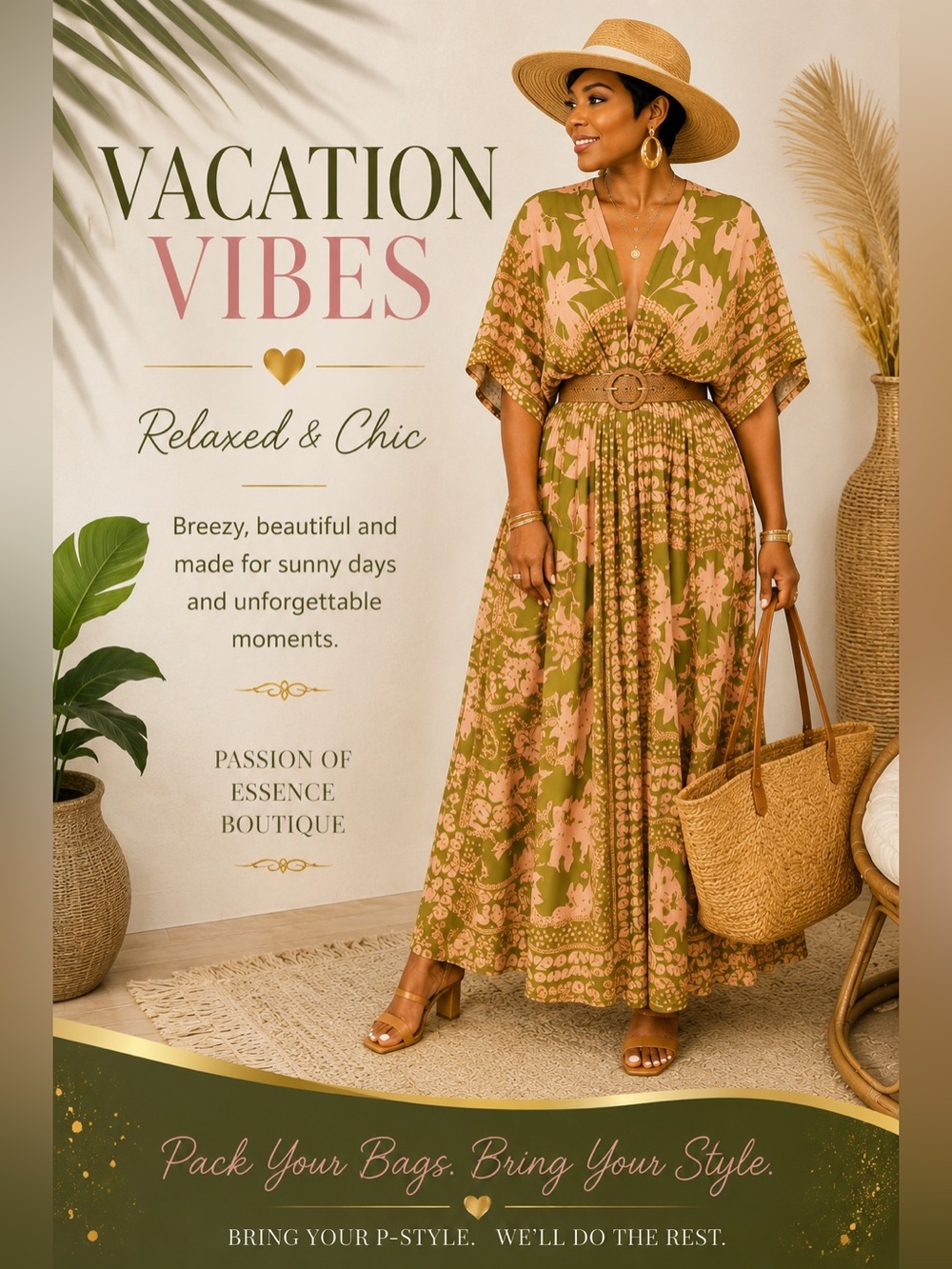 Resortwear Olive & Blush Floral Deep V Dolman Sleeve Split Maxi Dress S